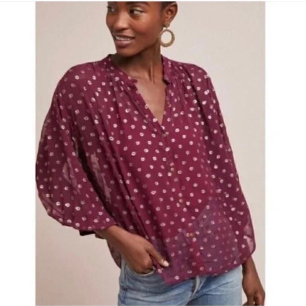 Anthropologie Moulinette Soeurs Allegra Sheer Blouse Burgundy Gold Foil Dots S